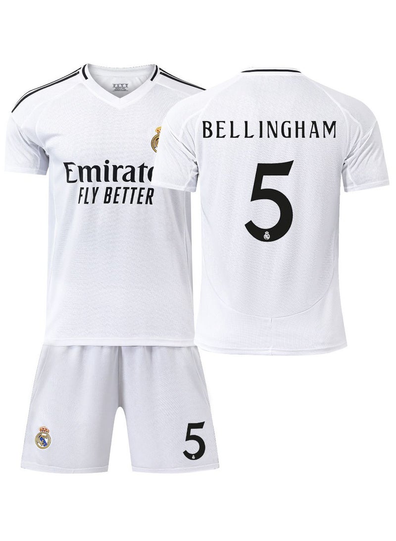 New Season 2-Piece Adult Men's Football Jersey Sweatshirt Set, Outdoor Sports, Real Madrid Home White Bellingham #5 Jersey, Shorts Set, Adult Size, Football Jersey Gift Set