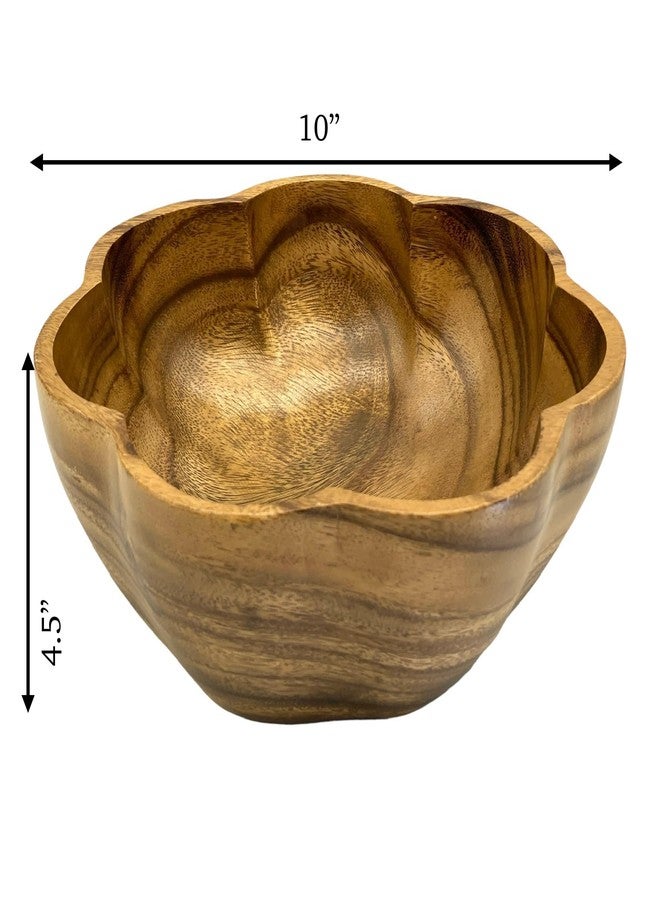 WRIGHTMART Round Wooden Serving Bowl, Circular Scalloped Shape, Hand Carved Acacia Wood Bowl for Food, Salad, Fruit, Popcorn, Decorative Display, for the Dining Table and Kitchen, 10" x 4.5" - Image 5
