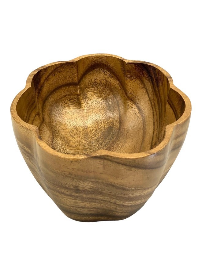 WRIGHTMART Round Wooden Serving Bowl, Circular Scalloped Shape, Hand Carved Acacia Wood Bowl for Food, Salad, Fruit, Popcorn, Decorative Display, for the Dining Table and Kitchen, 10" x 4.5" - Image 1