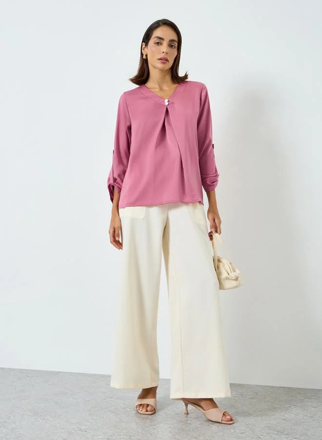 Take Two Women Solid V-Neck Faux Pearl Detail Top