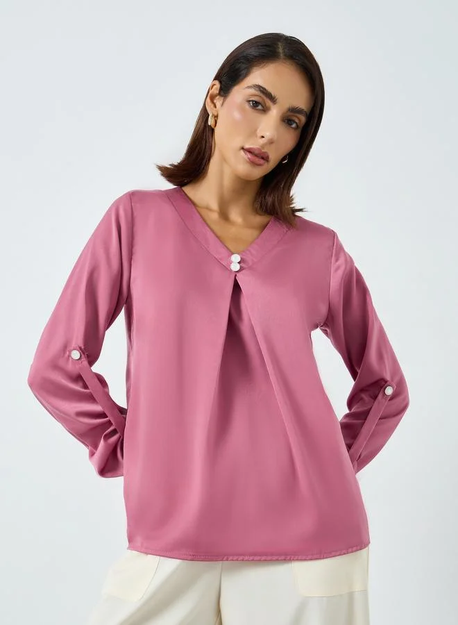 Take Two Women Solid V-Neck Faux Pearl Detail Top
