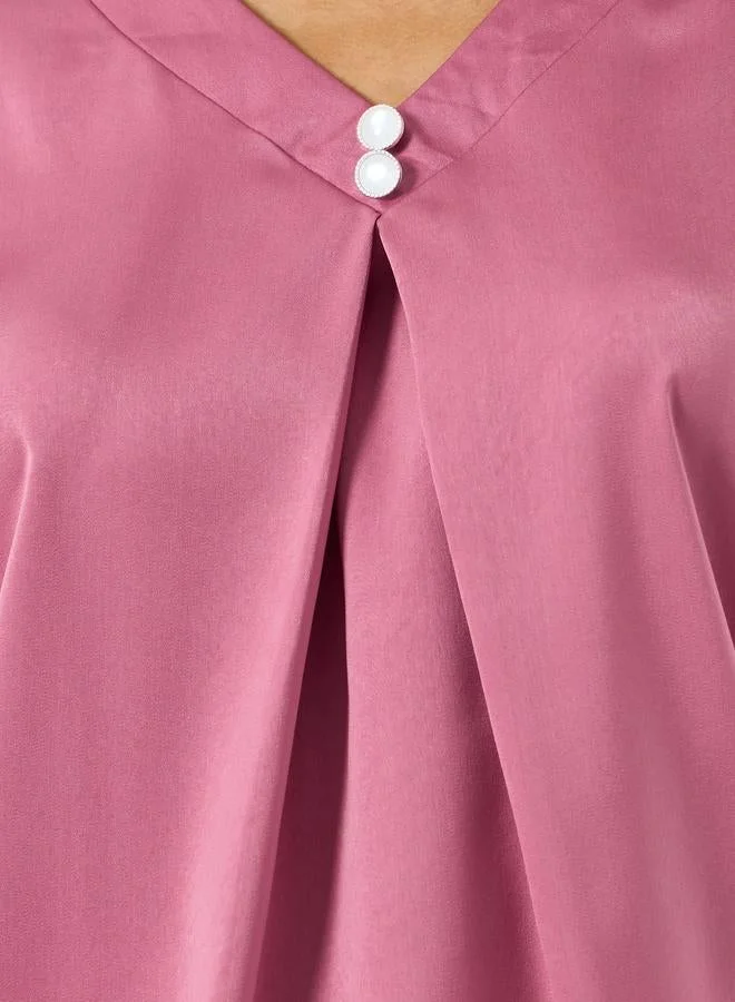 Take Two Women Solid V-Neck Faux Pearl Detail Top