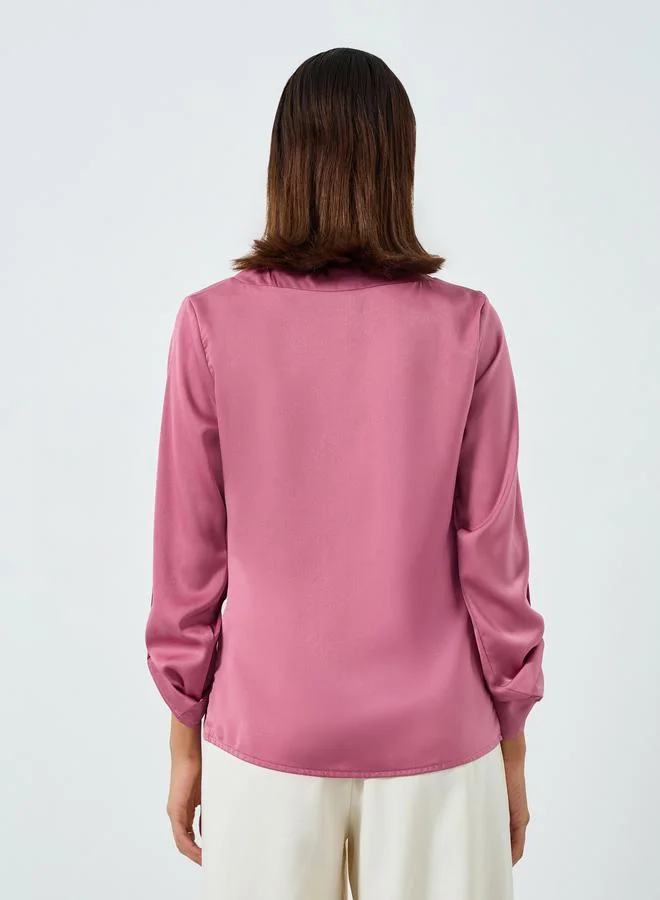 Take Two Women Solid V-Neck Faux Pearl Detail Top