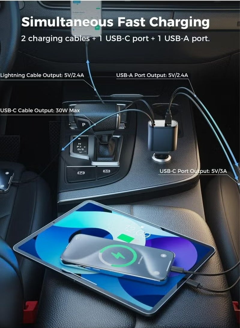 X-level Car Charger - Fast Charging 4-in-1 Adapter with Collapsible Lightning & Type C Cables,Dual USB Ports & Voltage Display - Compatible with iPhone 16/15/Plus/Pro/Pro Max and Samsung Galaxy S25/S24/S23 Ultra iPad,Galaxy -Powerfull Output - Image 3