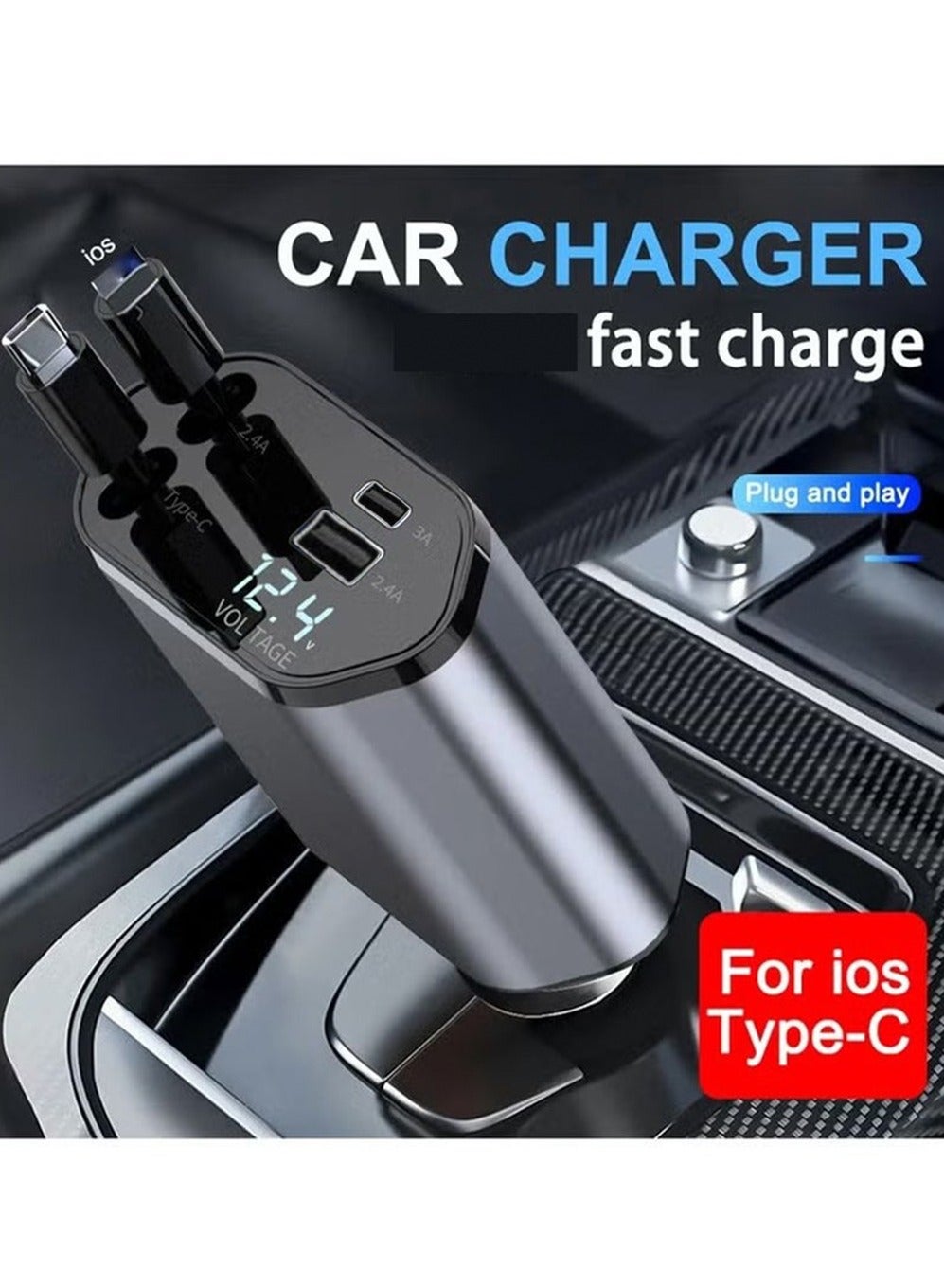 Car Charger - Fast Charging 4-in-1 Adapter with Collapsible Lightning & Type C Cables,Dual USB Ports & Voltage Display - Compatible with iPhone 16/15/Plus/Pro/Pro Max and Samsung Galaxy S25/S24/S23 Ultra iPad,Galaxy -Powerfull Output