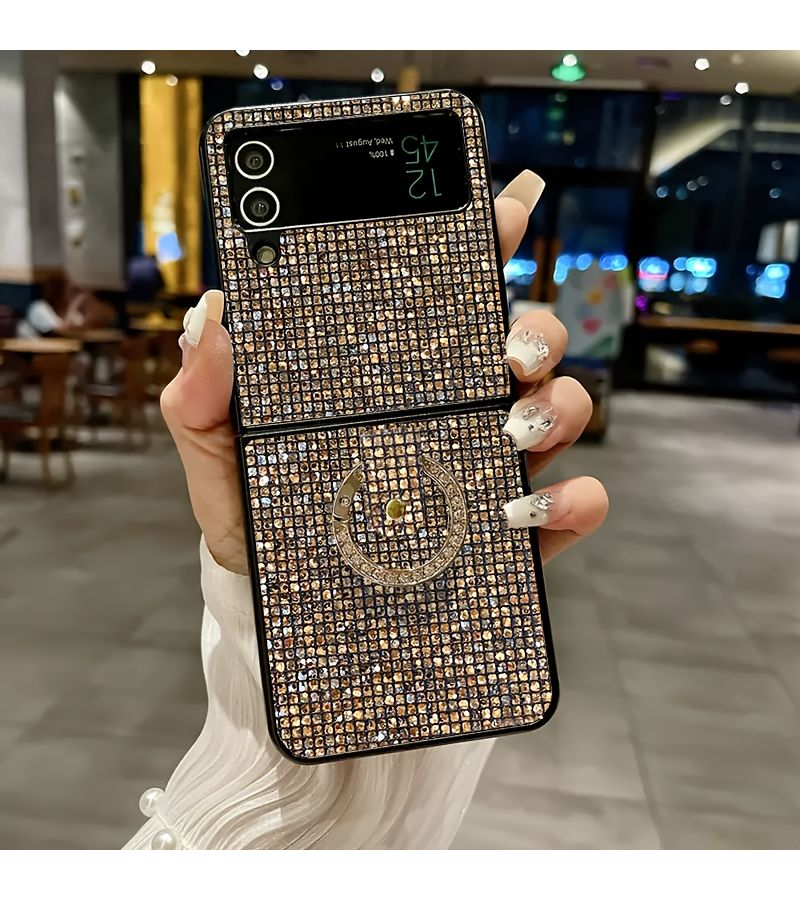 Champagne Glittering Phone Case With Luxury Design Artificial Diamond Round Ring Shockproof Back Cover For Samsung Galaxy Z Flip 7 FE - Image 3