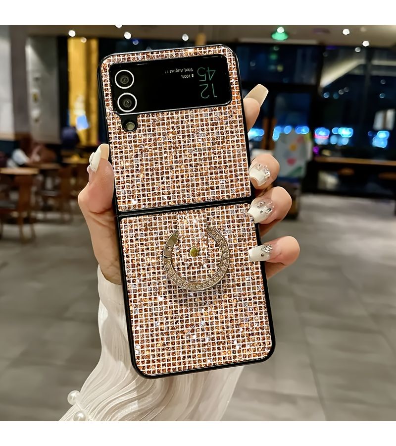 Champagne Glittering Phone Case With Luxury Design Artificial Diamond Round Ring Shockproof Back Cover For Samsung Galaxy Z Flip 7 FE - Image 2