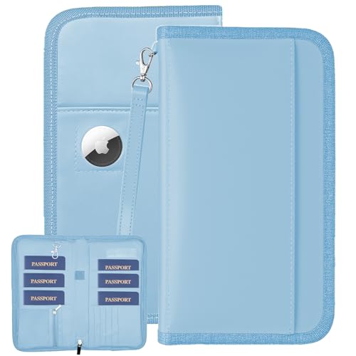 GOAUS Passport Holder with AirTag Slot, PU Leather Travel Document Organizer, Multiple RFID Blocking Wallet for Family of 4 to 6 Blue - Image 1