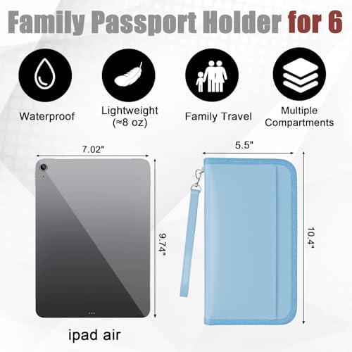 GOAUS Passport Holder with AirTag Slot, PU Leather Travel Document Organizer, Multiple RFID Blocking Wallet for Family of 4 to 6 Blue - Image 3