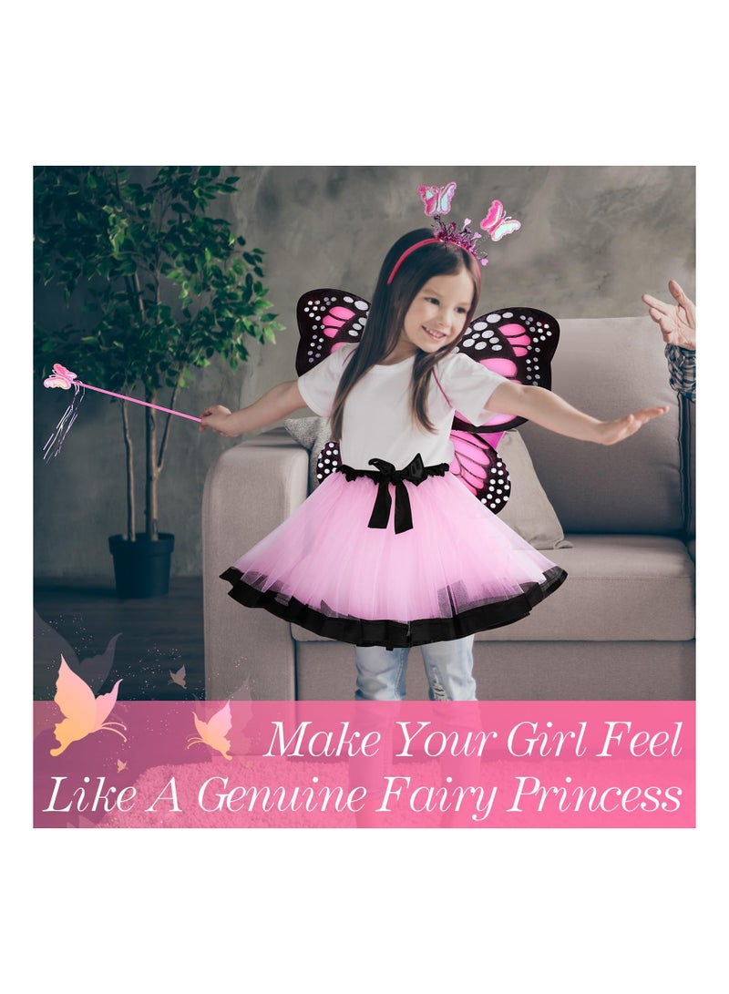 SYOSI 10 Pcs Girls Butterfly Costume Set Fairy Princess Tutu Dress Wings Veil Wand Headband for Birthday Up Pink Black Spotted Style - Image 5
