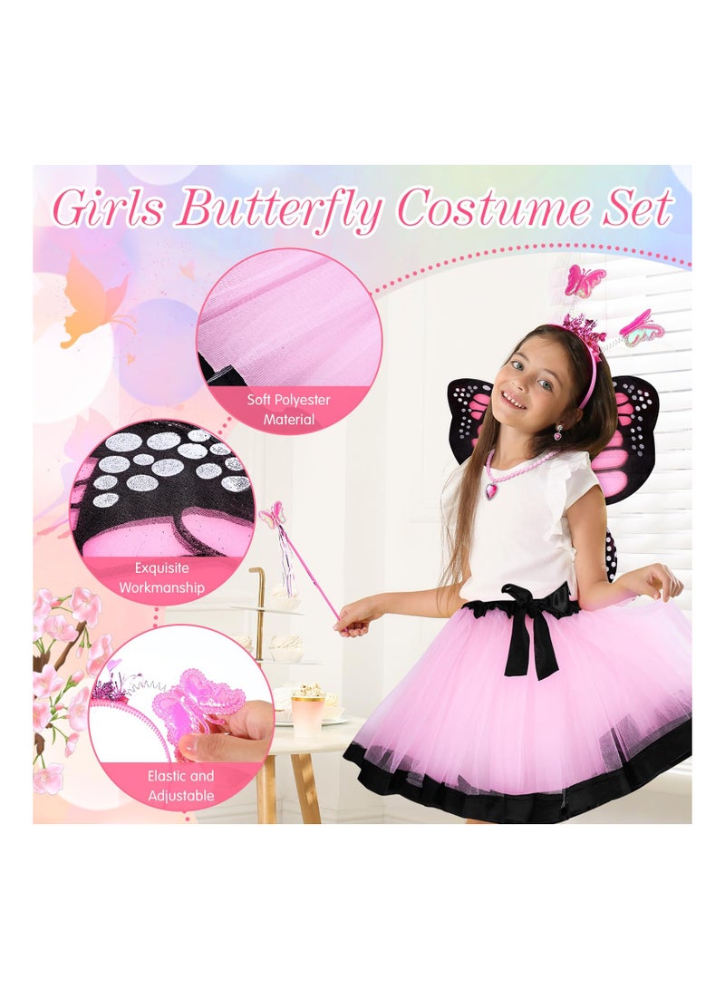 SYOSI 10 Pcs Girls Butterfly Costume Set Fairy Princess Tutu Dress Wings Veil Wand Headband for Birthday Up Pink Black Spotted Style - Image 2