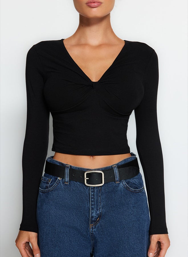 trendyol Black Cotton Chest Gathered Fitted Regular Length Knitted Blouse - Image 3