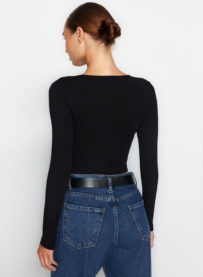 trendyol Black Cotton Chest Gathered Fitted Regular Length Knitted Blouse - Image 5