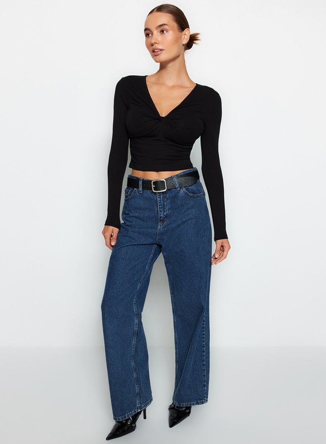 trendyol Black Cotton Chest Gathered Fitted Regular Length Knitted Blouse - Image 4