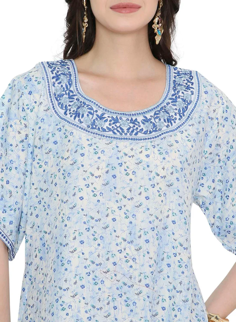 HANA & SARA Tiny Flower Printed and Neck Embroidered Arabic Farasha Kaftan Dresses