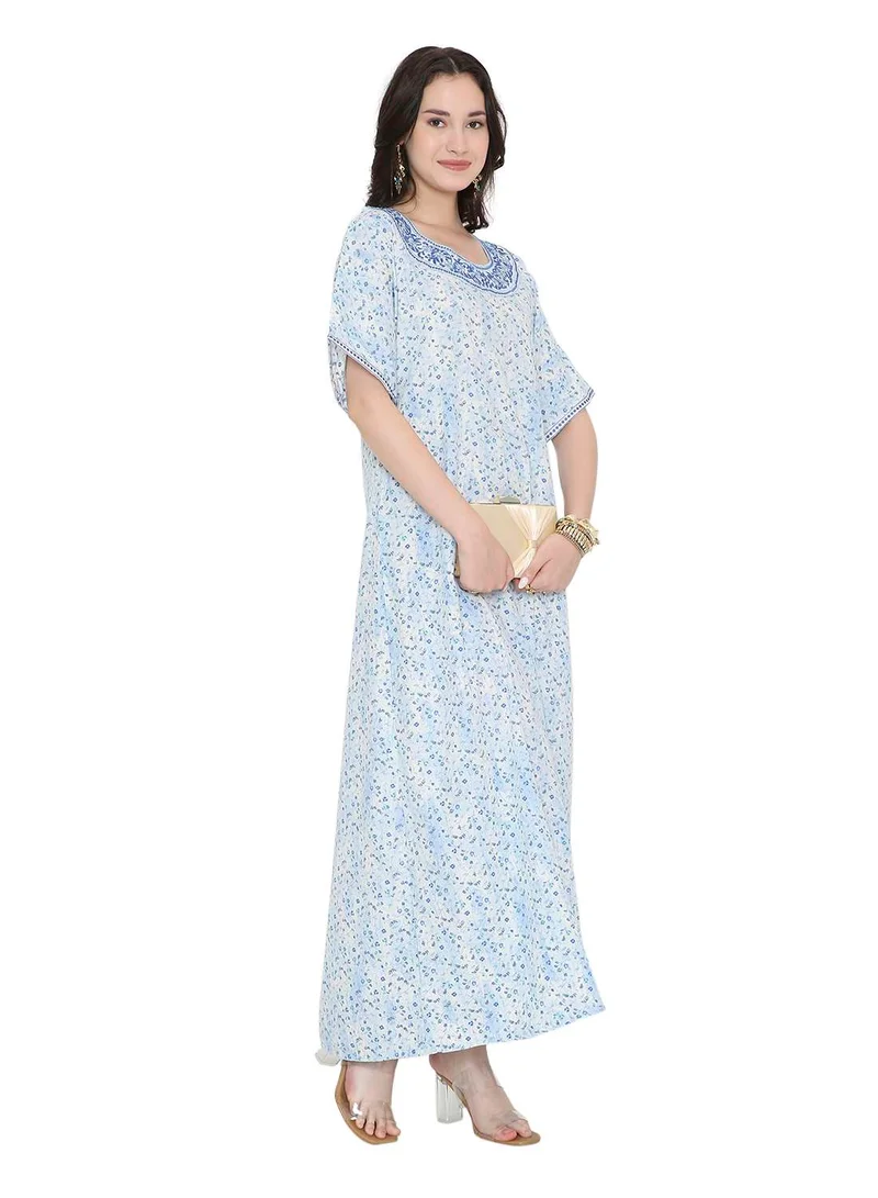 هانا آند سارا Tiny Flower Printed and Neck Embroidered Arabic Farasha Kaftan Dresses