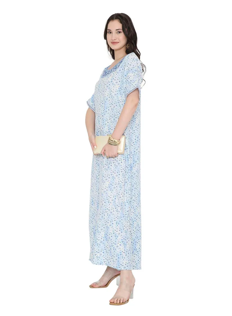 HANA & SARA Tiny Flower Printed and Neck Embroidered Arabic Farasha Kaftan Dresses