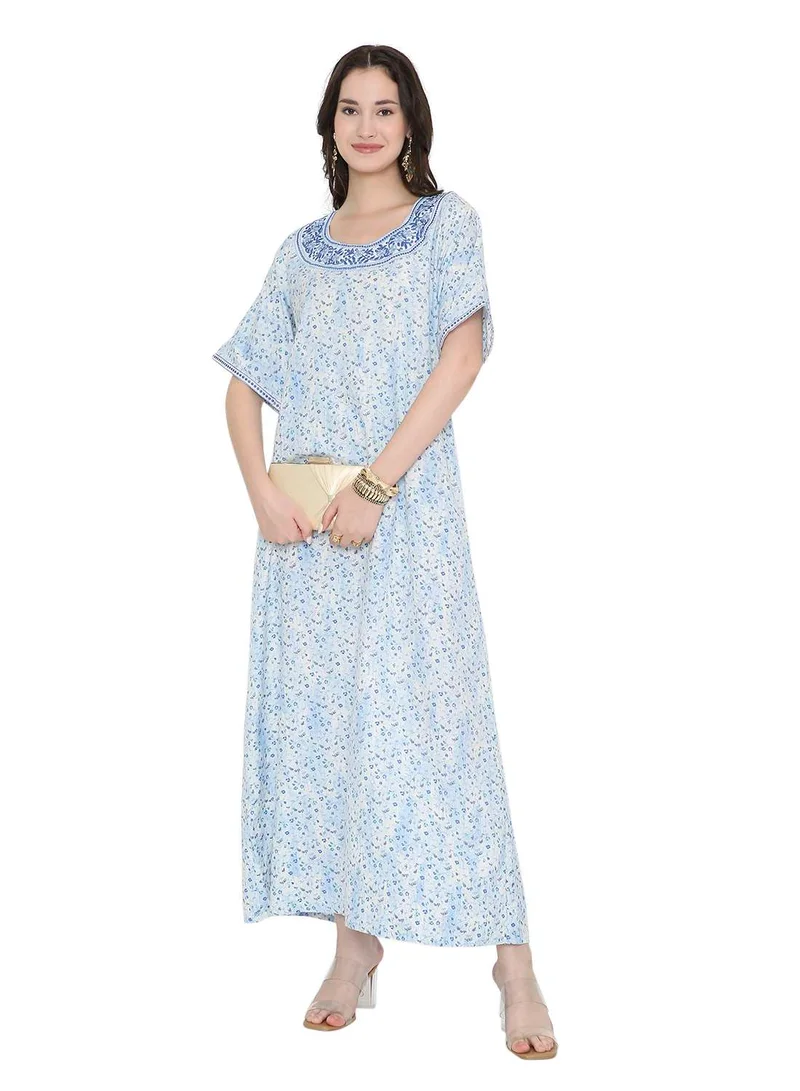 HANA & SARA Tiny Flower Printed and Neck Embroidered Arabic Farasha Kaftan Dresses
