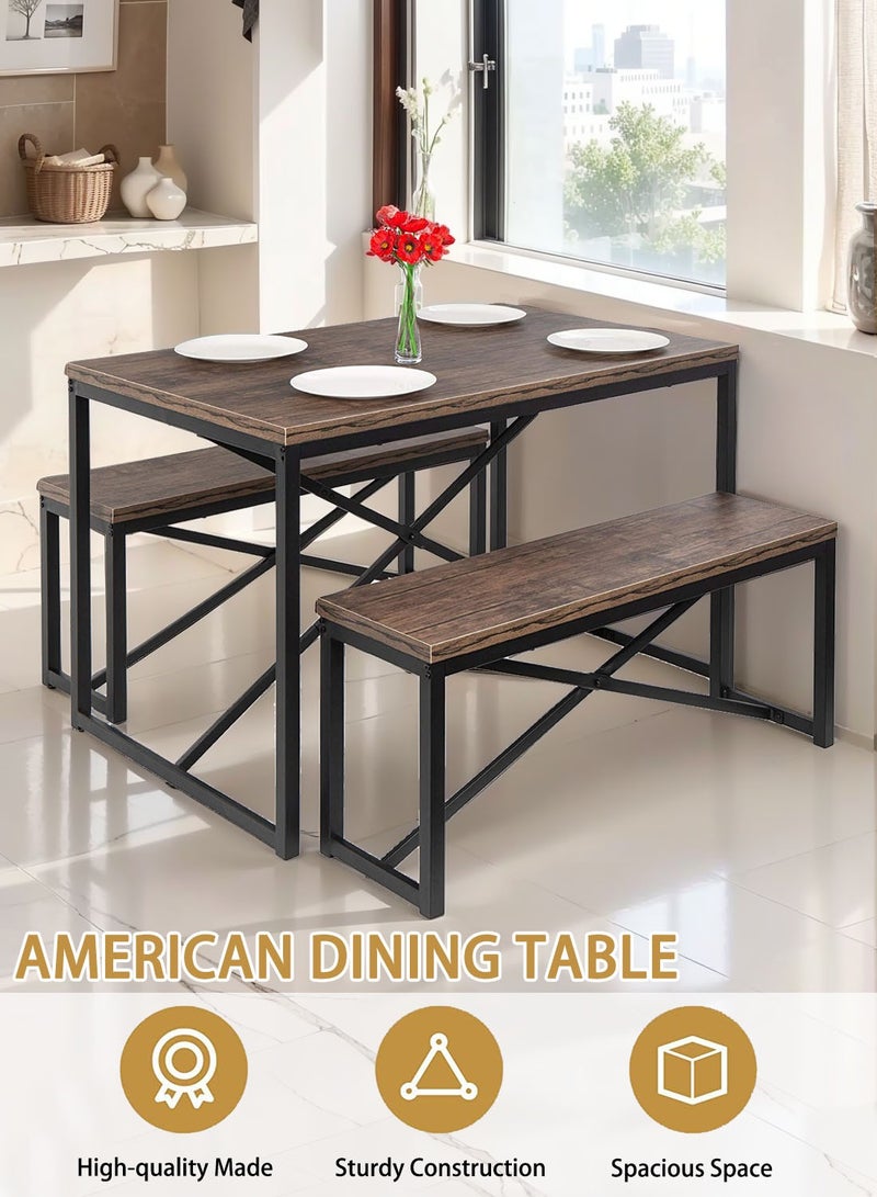 CHOIWIN 3-Piece Industrial Dining Table Set with 2 Benches, Rustic Brown Wood and Black Metal Frame, Modern Kitchen Furniture - Image 2