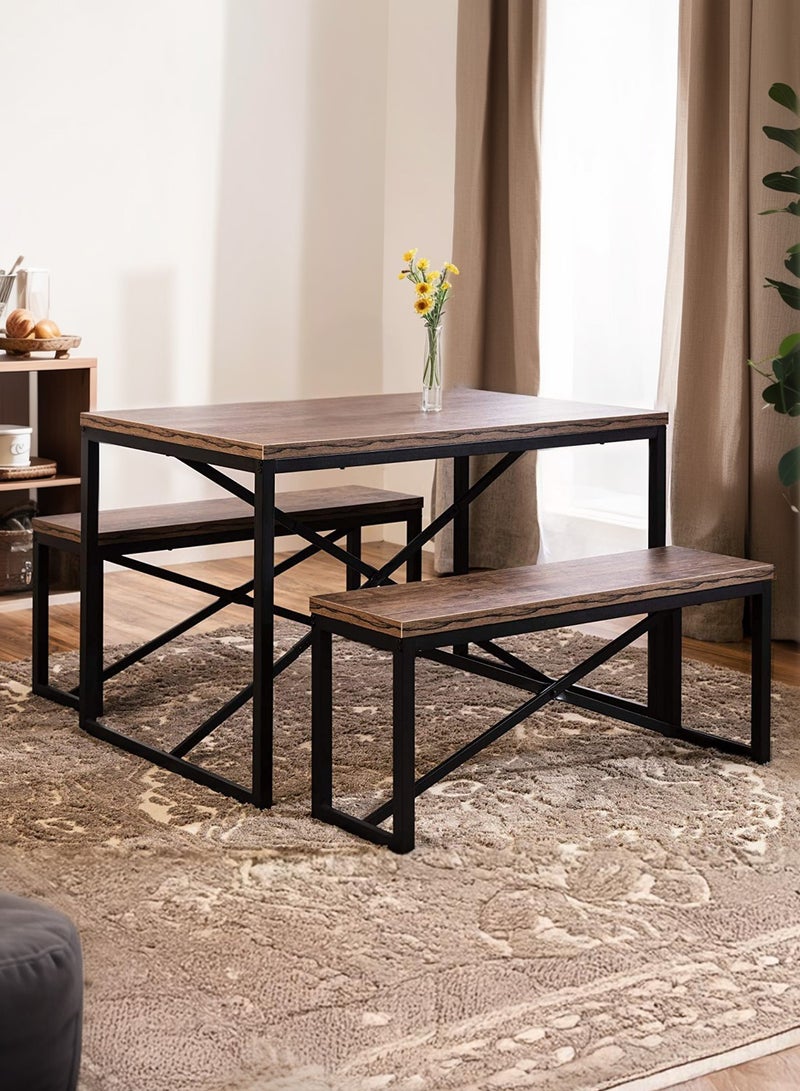 CHOIWIN 3-Piece Industrial Dining Table Set with 2 Benches, Rustic Brown Wood and Black Metal Frame, Modern Kitchen Furniture - Image 1