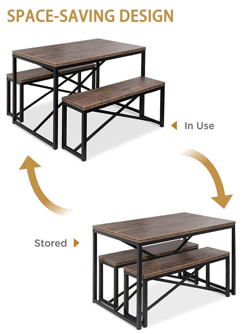 CHOIWIN 3-Piece Industrial Dining Table Set with 2 Benches, Rustic Brown Wood and Black Metal Frame, Modern Kitchen Furniture - Image 4