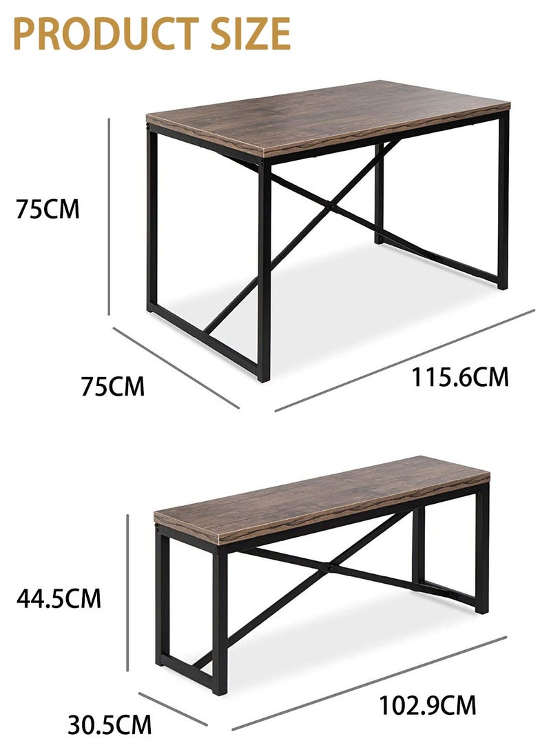 CHOIWIN 3-Piece Industrial Dining Table Set with 2 Benches, Rustic Brown Wood and Black Metal Frame, Modern Kitchen Furniture - Image 5