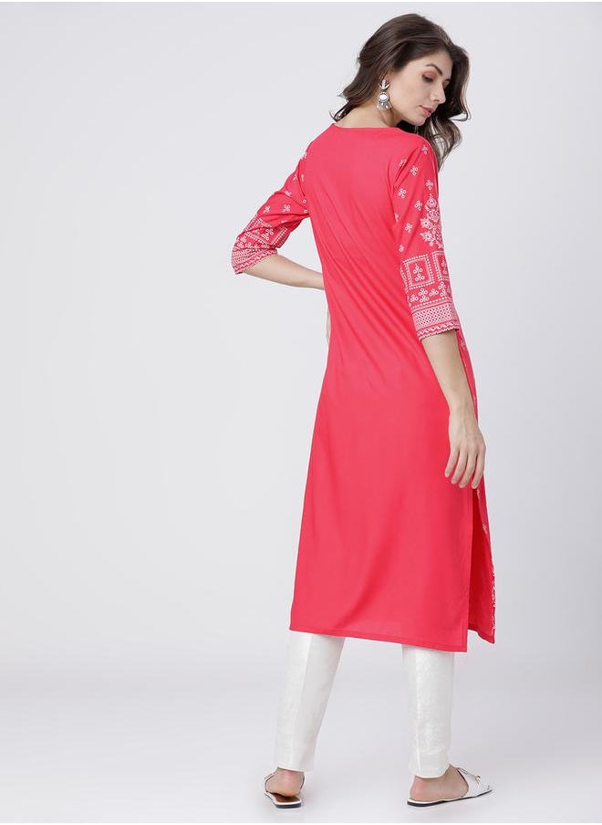 Vishudh Women Pink & White Ethnic Motifs Printed Straight Kurta by Styli  - Image 3