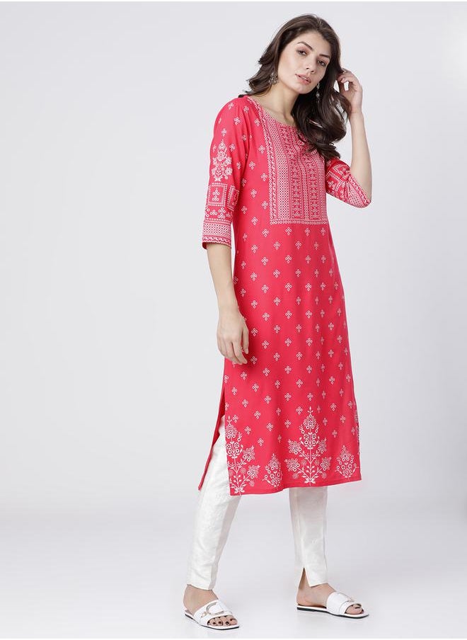 Vishudh Women Pink & White Ethnic Motifs Printed Straight Kurta by Styli  - Image 5