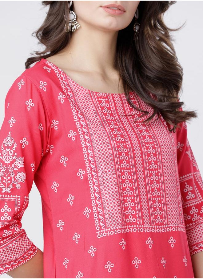 Vishudh Women Pink & White Ethnic Motifs Printed Straight Kurta by Styli  - Image 4