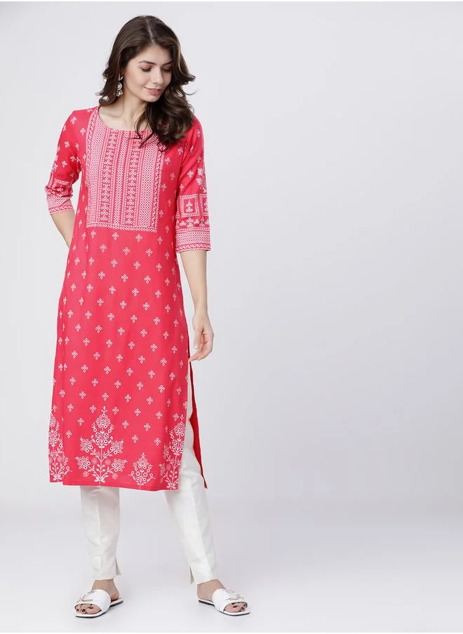 فيشود Women Pink & White Ethnic Motifs Printed Straight Kurta by Styli