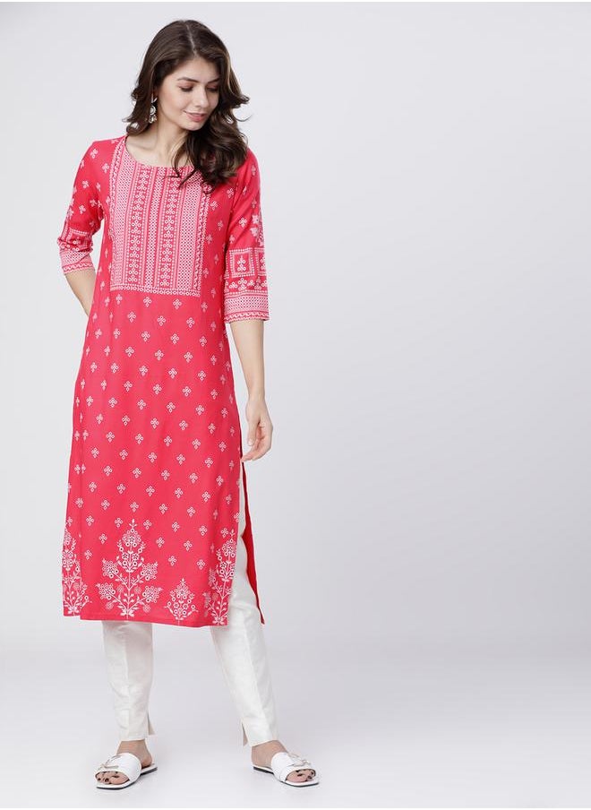 Vishudh Women Pink & White Ethnic Motifs Printed Straight Kurta by Styli  - Image 1