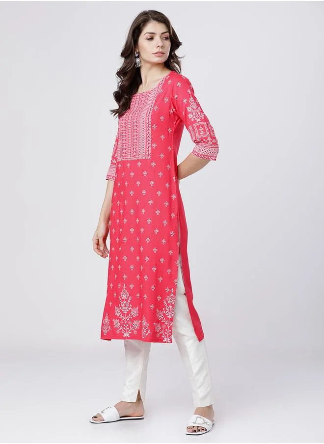 فيشود Women Pink & White Ethnic Motifs Printed Straight Kurta by Styli
