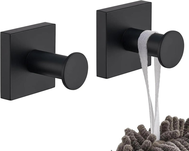 Y&D 2 Pack Black Stainless Steel Robe Hooks Wall Mounted for Bath Towels & Shower Curtain Rings - Heavy Duty Bathroom Kitchen Hardware - Image 1