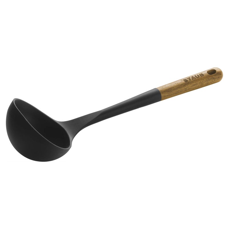 STAUB Soup Ladle, Perfect for Serving Hot Soup, Portion Batter for Pancakes, and Sauce Pasta, Durable BPA-Free Matte Black Silicone, Acacia Wood Handles, Safe for Nonstick Cooking Surfaces - Image 1
