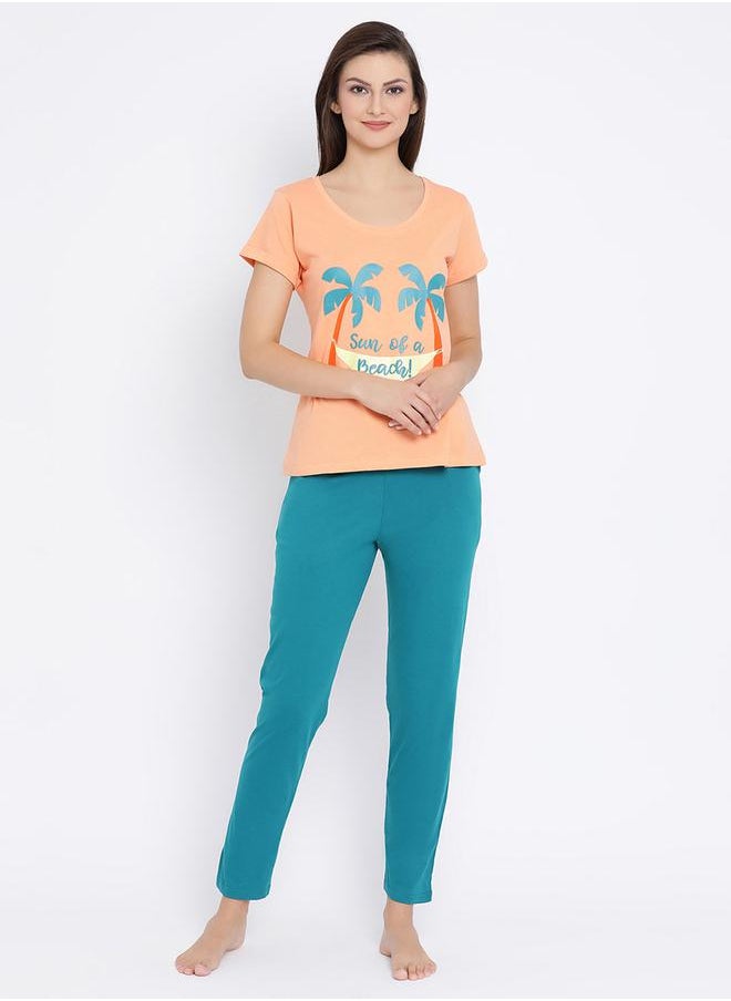 Clovia Women's Cotton Rich Printed Top & Orange Pyjama Set by Styli  - Image 1
