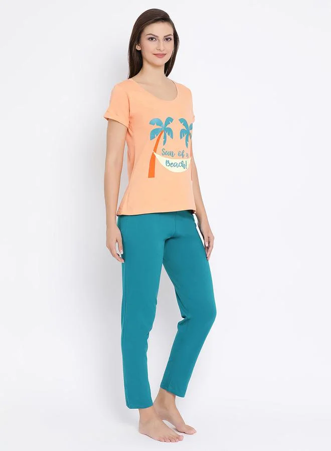 Clovia Women's Cotton Rich Printed Top & Orange Pyjama Set by Styli