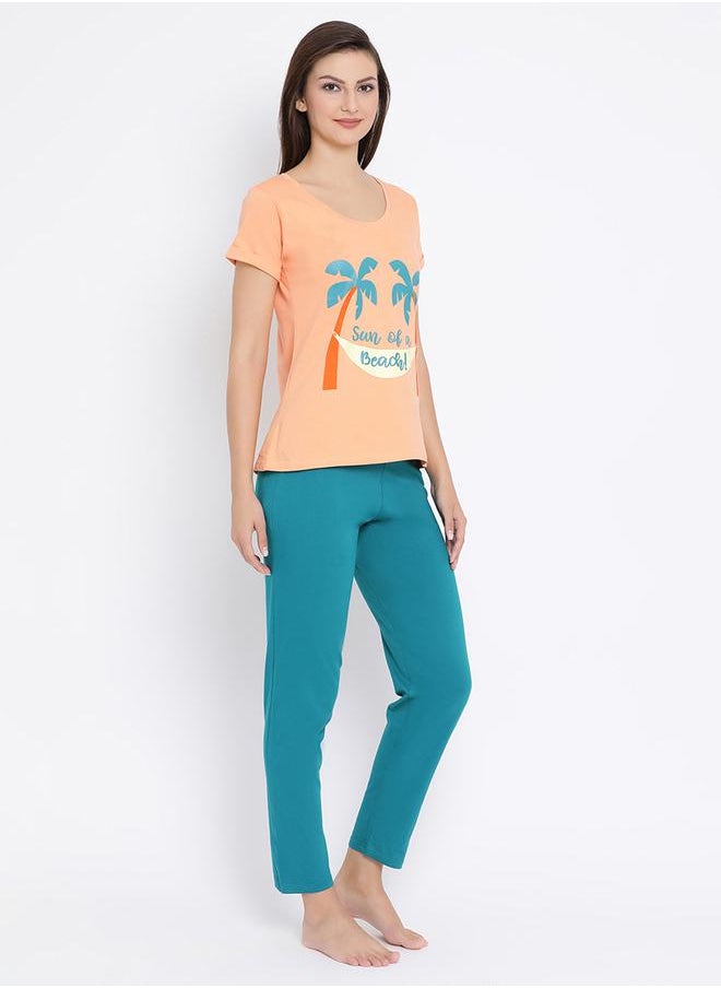 Clovia Women's Cotton Rich Printed Top & Orange Pyjama Set by Styli  - Image 3