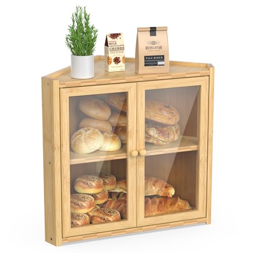 BAMBANG Bread Box Double Layer Bamboo Bread Bin for Homemade Bread Bakers and Corner Kitchen Countertop with Double Doors Not Suitable for Oversized Loaves Natural - Image 1