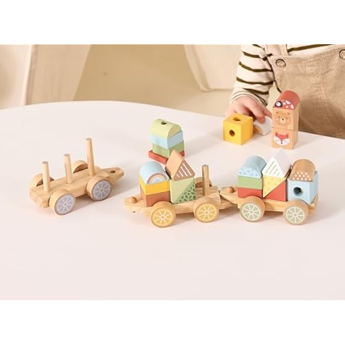 WOODEN STACKING TRAIN WITH 22 CUTE PRINTED STACKING BLOCKS AND SHAPES. GIFT FOR BABY & TODDLER 18M+. WOODEN TRAIN TOY FOR BOYS, GIRLS, TODDLERS. MONTESSORI STACKING TOY - Image 4