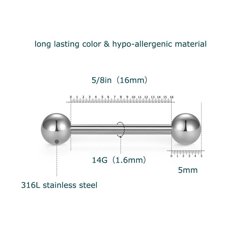 VCMART Nipple Rings Tongue Ring Surgical Steel Nipplerings Piercing Women Silver Barbells 14G 6 Pairs 5/8"(16mm) - Image 3
