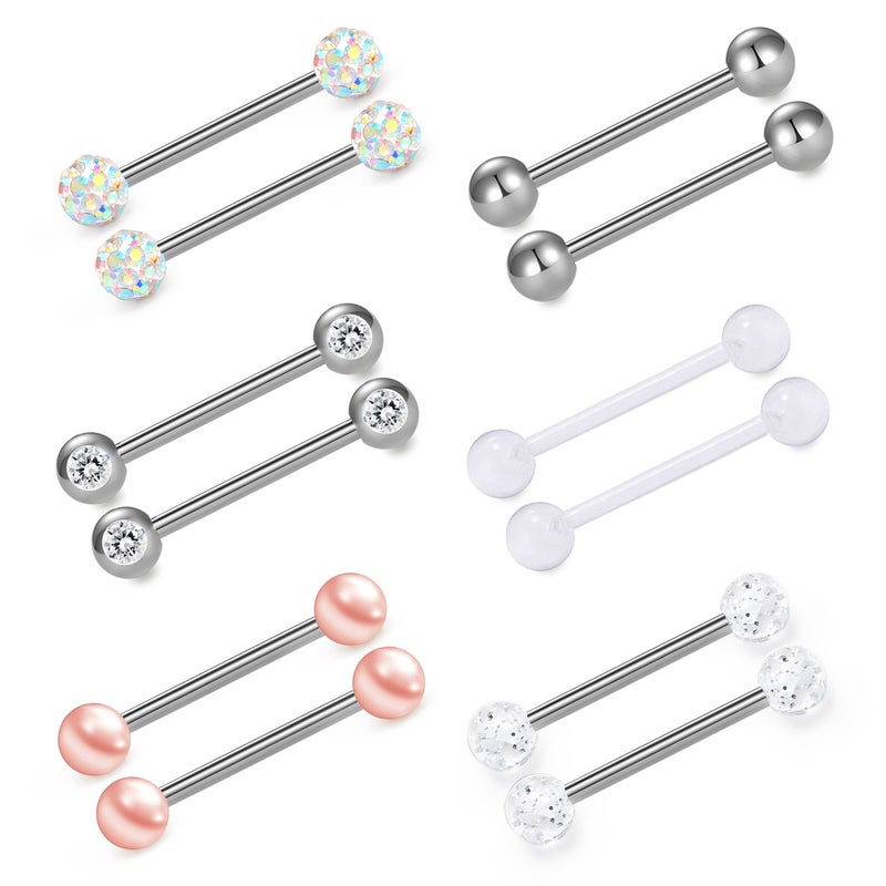 VCMART Nipple Rings Tongue Ring Surgical Steel Nipplerings Piercing Women Silver Barbells 14G 6 Pairs 5/8"(16mm) - Image 1