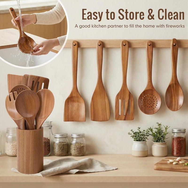 MULBOM Wooden Cooking Utensils Set with Holder, 8 Pcs Teak Wood Kitchen Utensils for Nonstick Cookware, Wooden Spoons and Spatulas for Cooking, Farmhouse Kitchen Accessories - Image 5