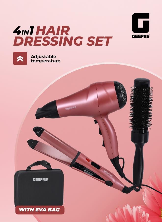 GEEPAS Portable Hair Dressing Set with Adjustable Temperature Setting Hair Dryer Straightener Curler with Eva Bag Pink/Black 1200grams - Image 2