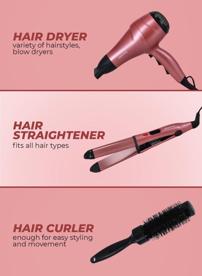 GEEPAS Portable Hair Dressing Set with Adjustable Temperature Setting Hair Dryer Straightener Curler with Eva Bag Pink/Black 1200grams - Image 3