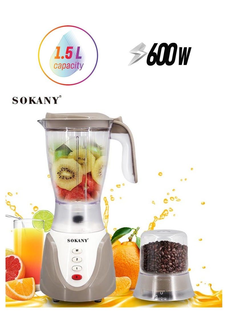 سوكاني خلاط كهربائي متعدد الوظائف، عصارة، مطحنة، مع كوب مطحنة، سعة 1.5 لتر، 600 واط، سرعتان، SK-158، أبيض - Image 1