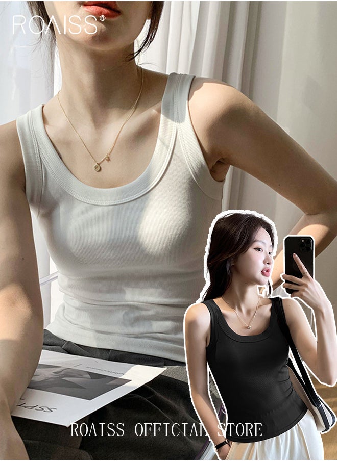 roaiss Women 2 Piece Set Classic and Versatile Solid Color Design Timeless and Flattering Slim Fit to Enhance the Figure Women Sleeveless Vest Base Layer  - Image 1
