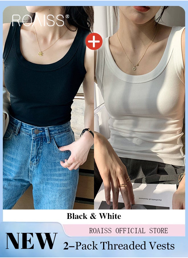 roaiss Women 2 Piece Set Classic and Versatile Solid Color Design Timeless and Flattering Slim Fit to Enhance the Figure Women Sleeveless Vest Base Layer  - Image 2