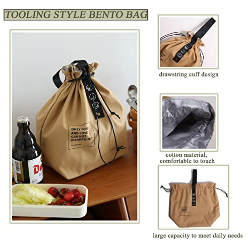 XINSHUN Canvas Drawstring Lunch Bag Insulated Lunch Tote Japanese Style Bento Tote Bag Reusable Lunch Bag Insulated Handbag Tote bag with Handle and Drawstring Closure for Women Work Picnic or Travel(YELLOW) - Image 3