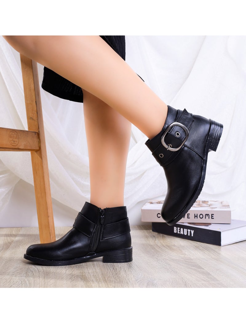 LIFESTYLISH Ankle Boot Leather Flat  With Buckle G-33 - Black 