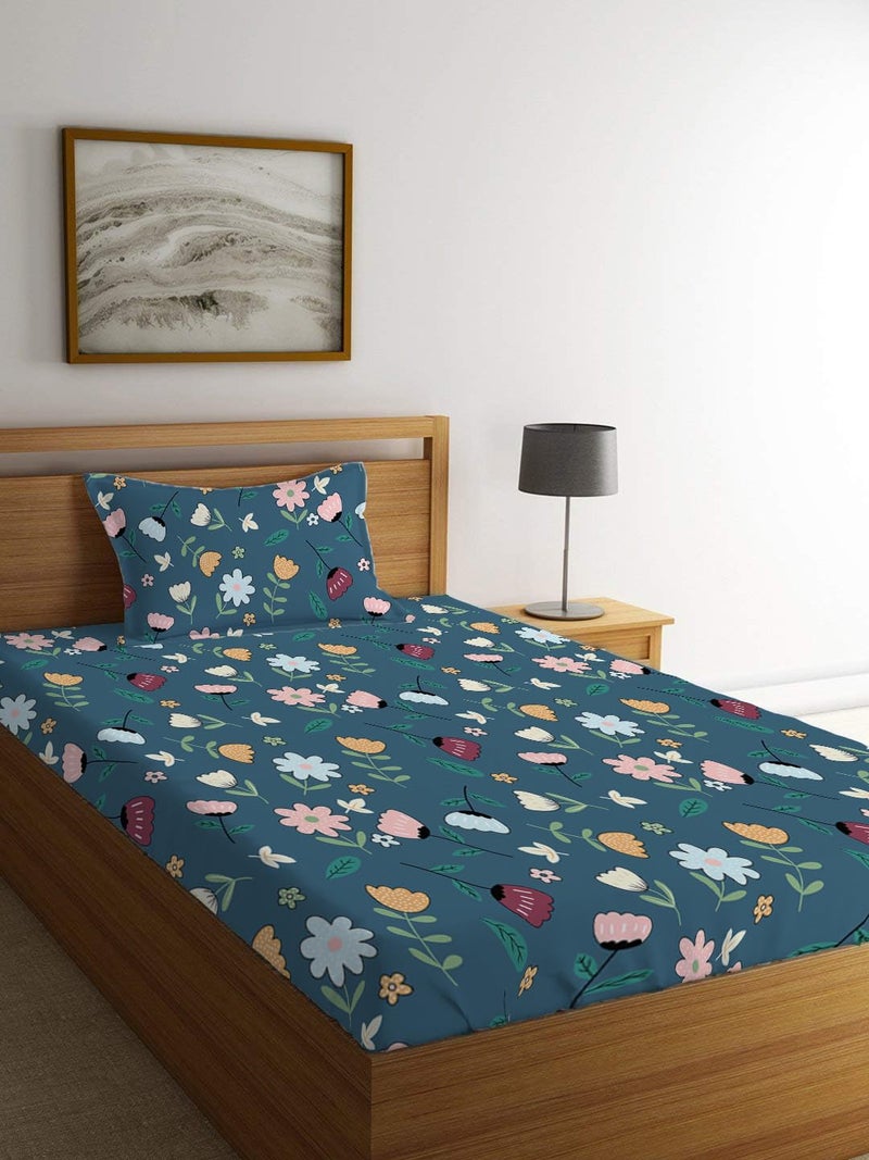 LOOMLYFE 300 TC Cotton Feel Glace Elastic Fitted Printed Single Bed Bedsheet with 1 Pillow Cover Fits Upto 6 Inches Mattress,Size- 42X75X8 Inches, Bluemultiflower - Image 1